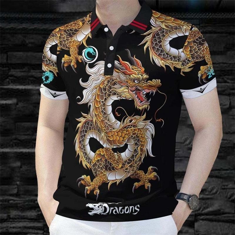 เสื้อโปโลผู้ชาย สไตล์ลำลอง ออกแบบลายมังกร สำหรับวันร้อนๆ กับแขนสั้นและตัดเย็บพอดีตัว
