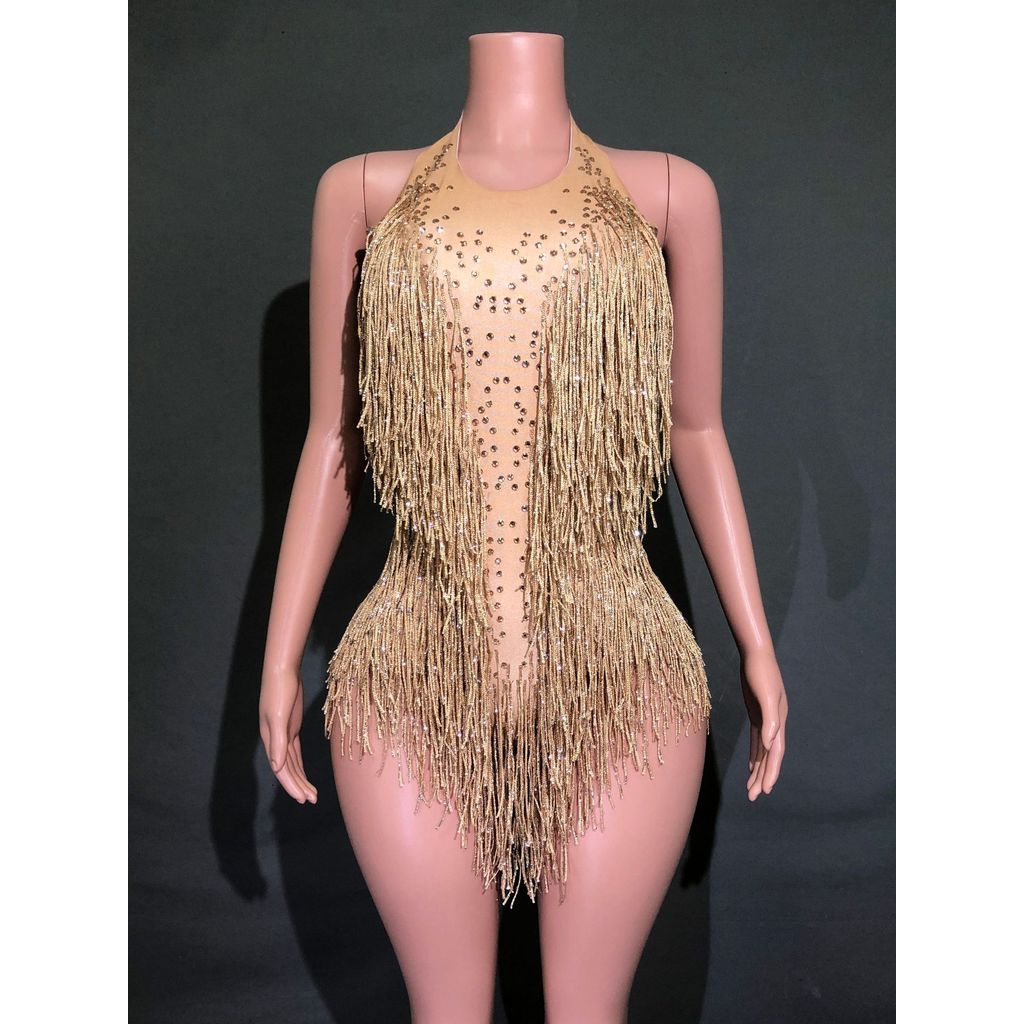 Halter-neck tassel rhinestone sleeveless bodysuit, dance performance costume, spandex material, Lati