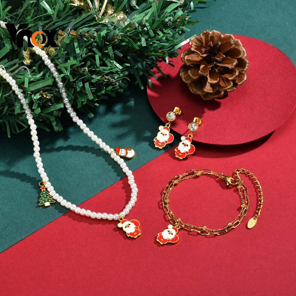 Vnox Double-layer Christmas Santa Claus Charm Chain Bracelet Necklace Earring Jewelry Set for Women 