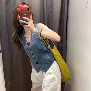 แจ็คเก็ตยีนส์สไตล์เกาหลี V-neck สีฟ้าสำหรับผู้หญิง ฤดูร้อน อ…