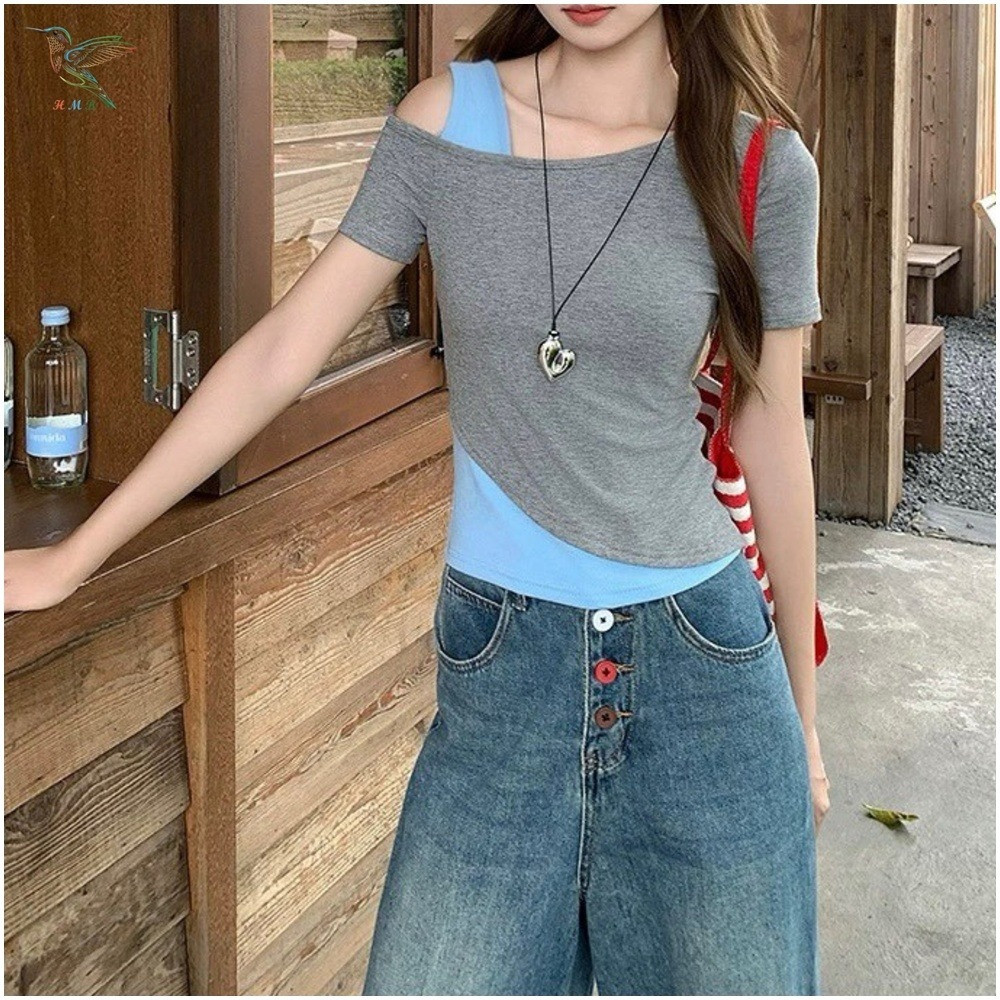 HMB® เสื้อยืดแฟชั่น แขนสั้น เปิดไหล่ แต่งสีทูโทน ผ้าคอตตอนผสม เนื้อผ้านิ่ม ดีไซน์ทรงเข้ารูป ทรงสวยแมทช์ง่าย t323# - รูปที่ 4