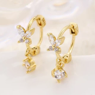 Roselife 1 คู่ 14K Gold คริสตัลผีเสื้อ Hoop ต่างหูสําหรับผู้หญิง Hypoallergenic Bow หูวงกลมเครื่องประดับอุปกรณ์เสริม