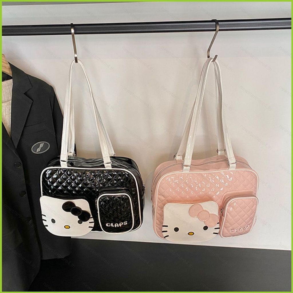 NS4 Hello Kitty กระเป๋าสะพายหนังมันเงาสําหรับผู้หญิงความจุขนาดใหญ่กระเป๋าเป้สะพายหลังการ์ตูน SN4