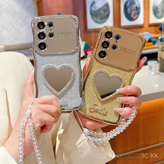 สาว กันกระแทก ตัวเคสใสมีกระจกหัวใจและสร้อยข้อมือ ลวดลายคลื่นแวววาว หุ้มทั้งเครื่อง สำหรับSamsung S25 Ultra 24 23 22 EF