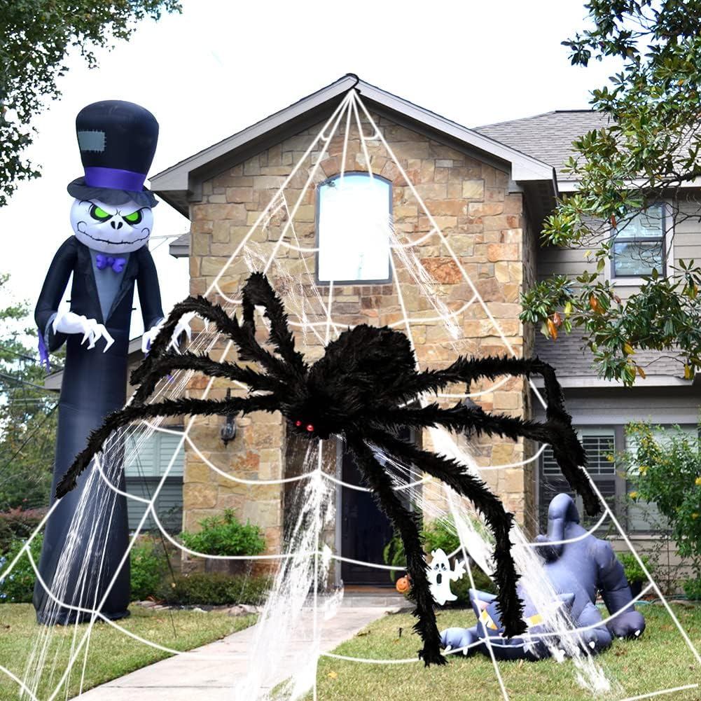 UMEELR Halloween Decorations Outdoor, 200" Web & 50" Giant Spider, Scary Fake Spider with Triangular