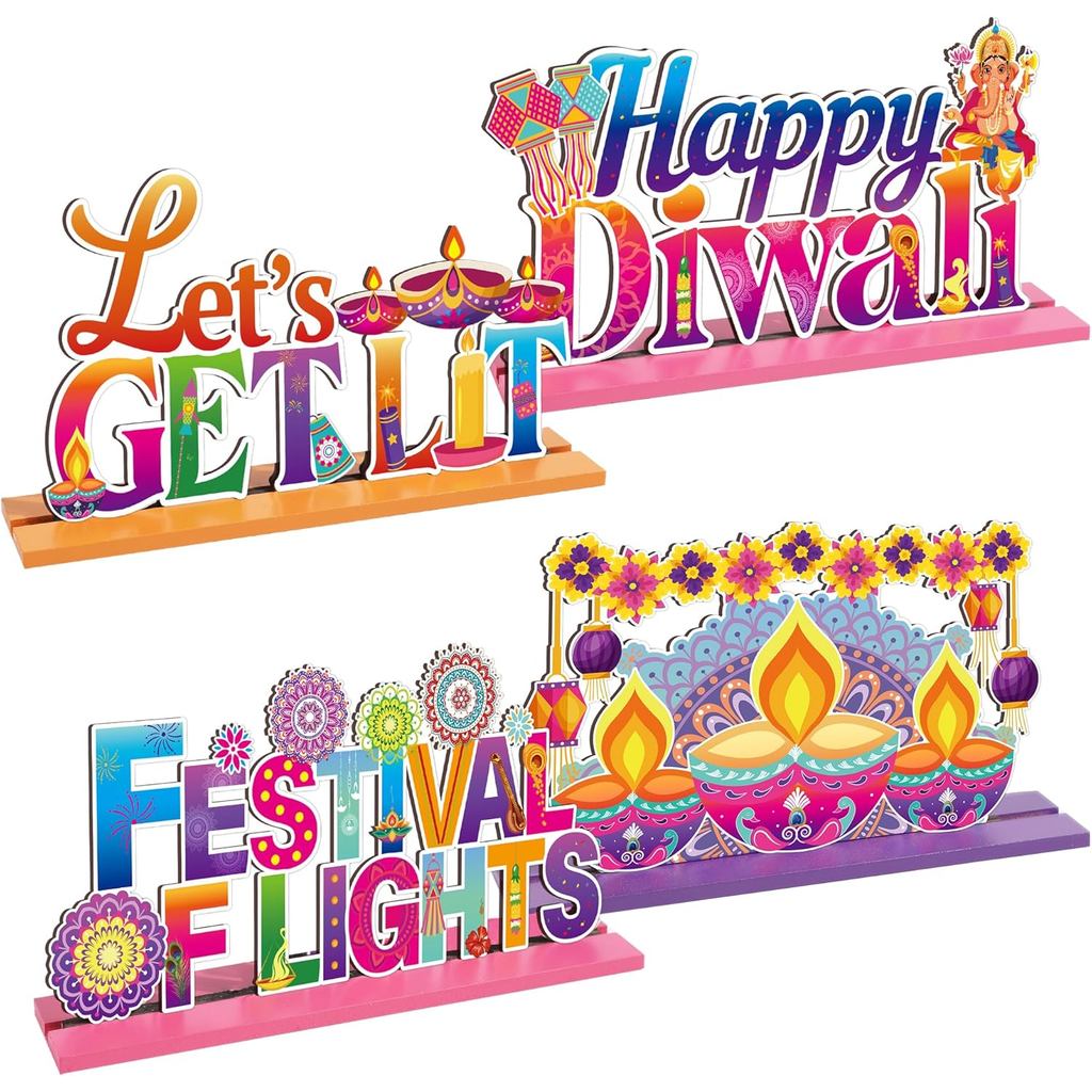 4 Pcs Diwali Decorations for Home Wood Table Centerpiece, Colorful Festival of Lights Table Decor wi