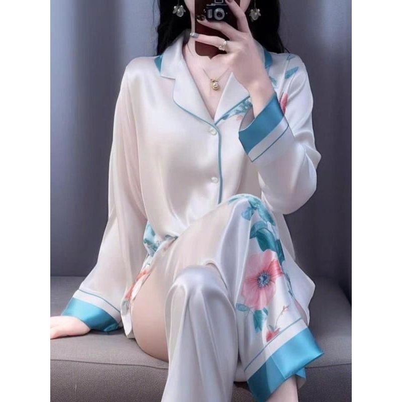 ชุดนอนสตรีชุดละตินผ้าไหมเสื้อแขนยาวคอปก TT E PP11NNBB