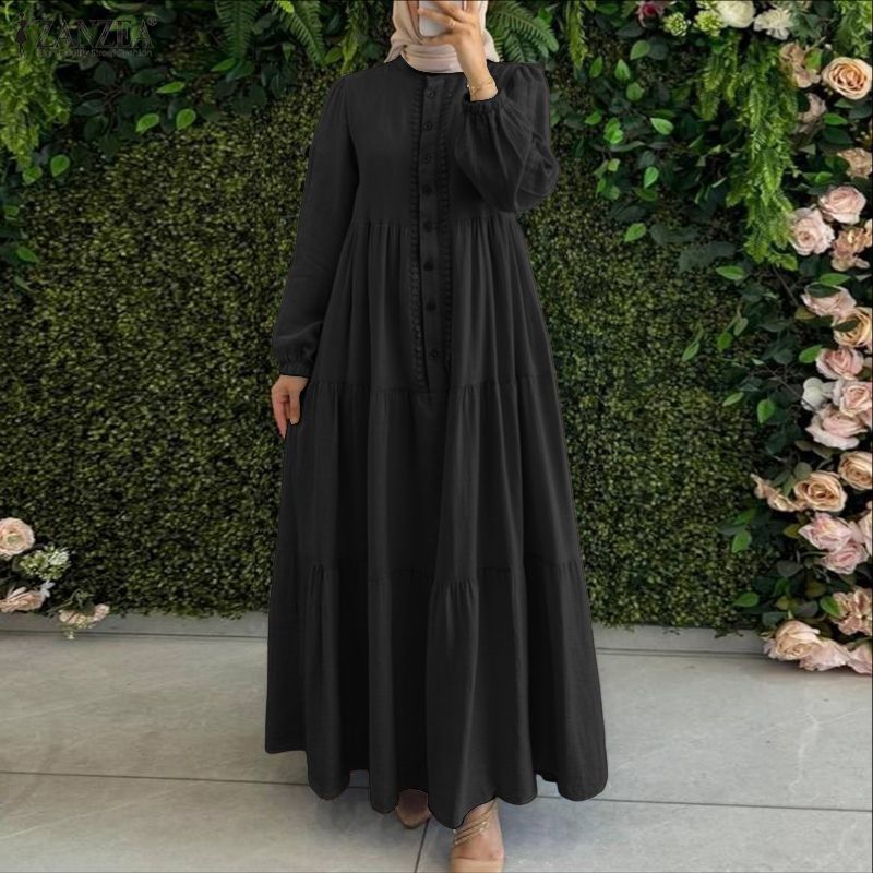 ZANZEA ซานเซีย ชุดลูกไม้แขนยาวสำหรับผู้หญิง มุสลิมหรูหราและสบาย ดีไซน์ลายชั้นแผง สวมใส่ง่ายในทุกวัน — صورة 5
