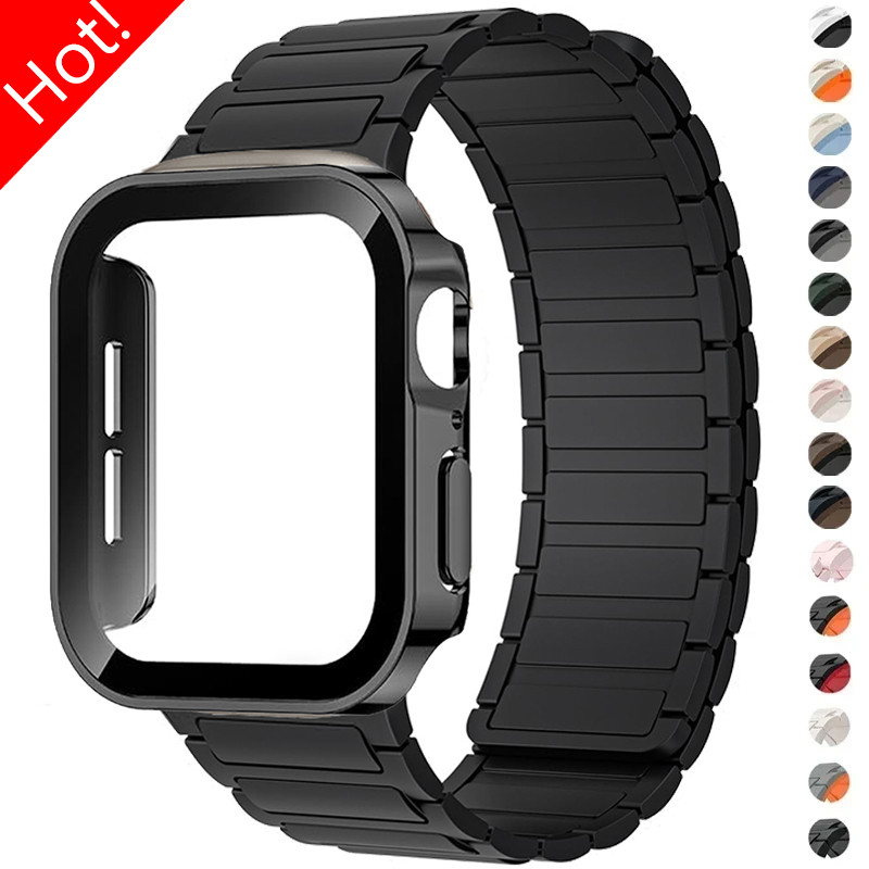 สายซิลิโคน + ฝาครอบหน้าจอ PC สําหรับ Apple Watch Series 11/10/9/8/7/SE/6/5 ขนาด 46/45/44/42/41/40 มม.