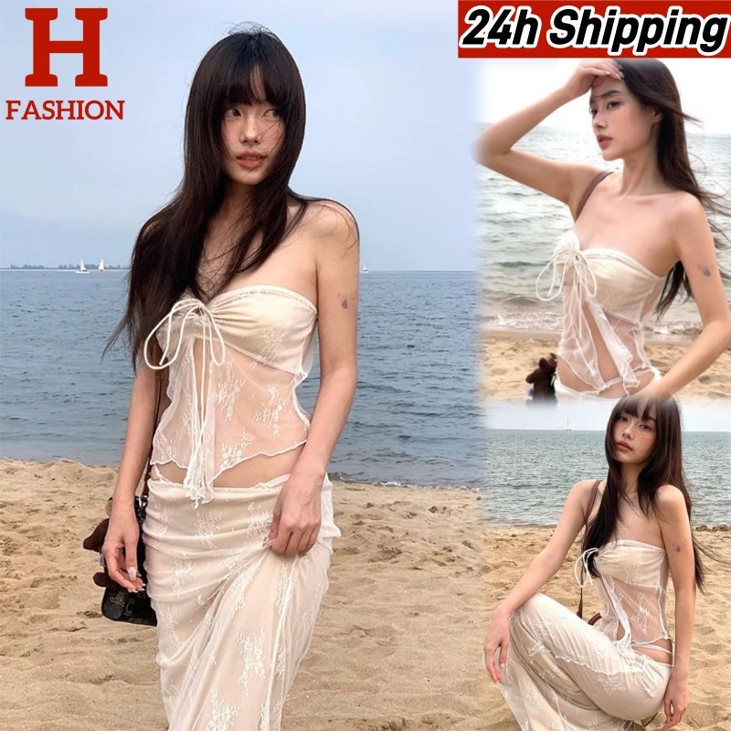 HOT 'พร้อมส่ง' FY5061 ชุดเซ็ท เกาะอก+กระโปรงยาวลายลูกไม้ สีครีมนัวๆ