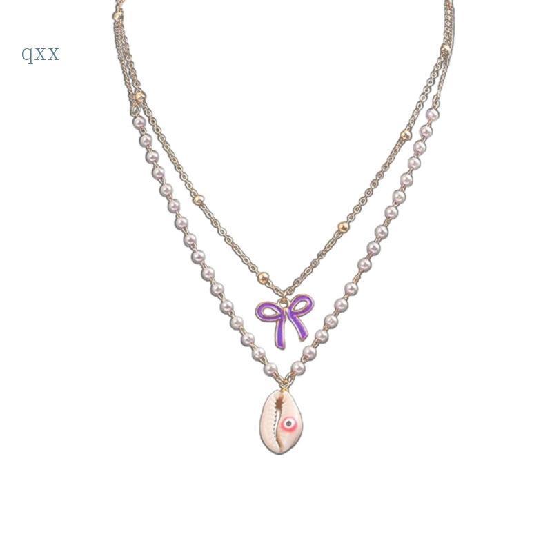 CH * ไข่มุกหวานลูกปัดคอโซ่อารมณ์ Choker Y2K Bowknot Layered Beaded สร้อยคอเครื่องประดับสําหรับงานแต่