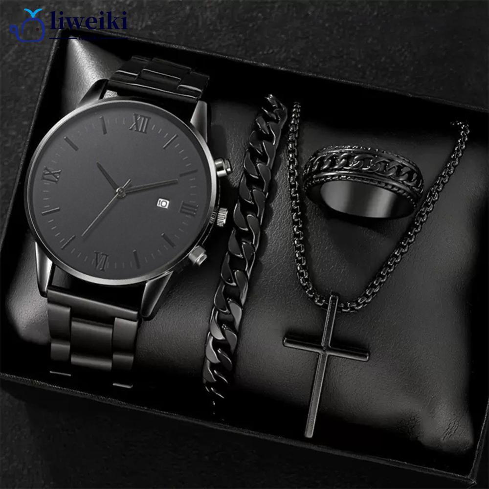 LIWEKI 4 ชิ้นนาฬิกาผู้ชายชุดธุรกิจนาฬิกาควอตซ์ปฏิทินนาฬิกาข้อมือสร้อยคอสร้อยข้อมือแหวนชุดอุปกรณ์เสริ
