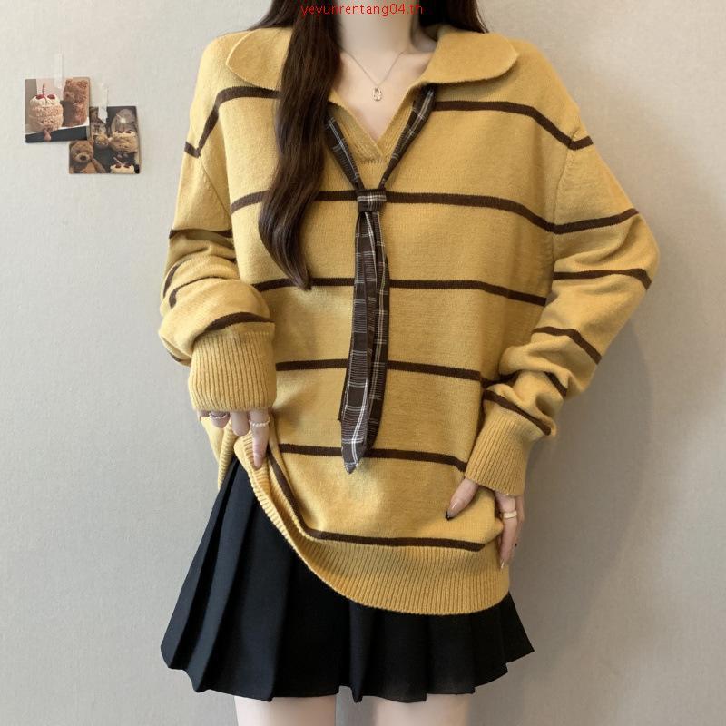 Withit long sleeve knit เสื้อไหมพรมลายทางคอปก - TPW09670