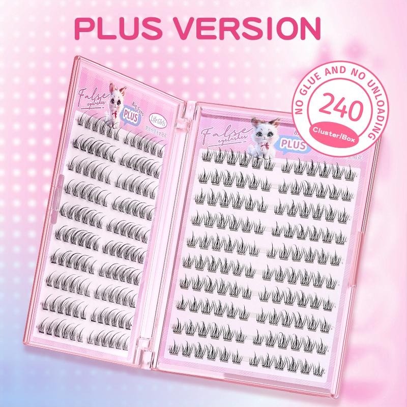 หนังสือขนตา ขนตาปลอม 2 ด้านสไตล์คลัสเตอร์ 240 ชิ้น ความจุมาก 10-12 มม C Curl กาวในตัว ใช้ซ้ำได้ เหมาะสำหรับผู้หญิงทุกคน