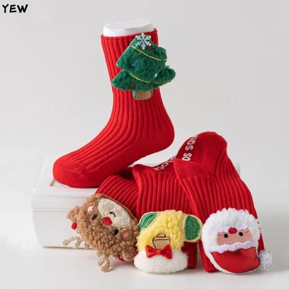 YEW ถุงเท้าเด็ก,คริสต์มาสสีแดงหนาถุงเท้าเด็กวัยหัดเดินชั้นอุ่น, 0-3 ปีเด็กวัยหัดเดินคริสต์มาสน่ารัก 