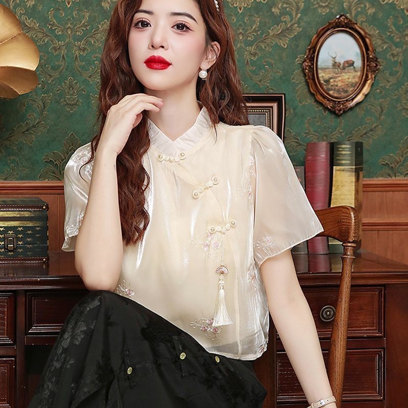 ใหม่ปักเสื้อติดกระดุมสําหรับผู้หญิงกางเกงขาสั้นอเนกประสงค์อเนกประสงค์สําหรับผู้หญิง2025ฤดูร้อนRetro 