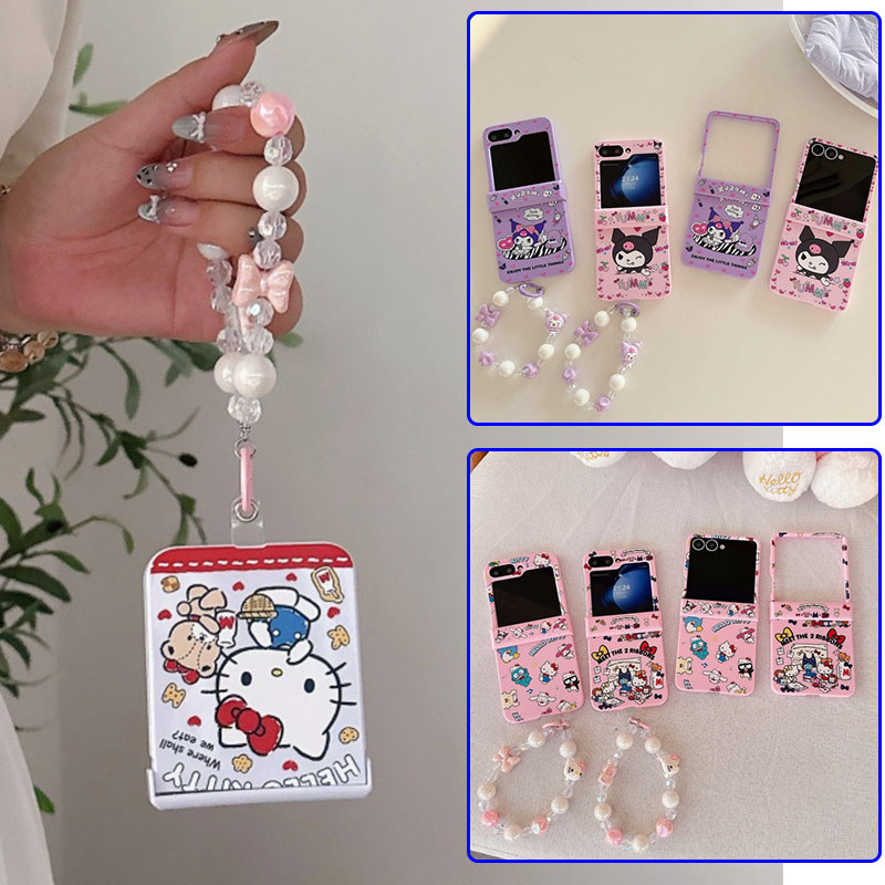 น่ารักการ์ตูน Kuromi KT สีลูกกวาดเคสโทรศัพท์สําหรับ Samsung Galaxy Z Flip 7 Flip 7FE Z Flip 6 Z Flip 5 Z Flip 4 Z Flip 3 กรณีพร้อมสร้อยข้อมือเต็มบานพับกันกระแทกปกหลัง