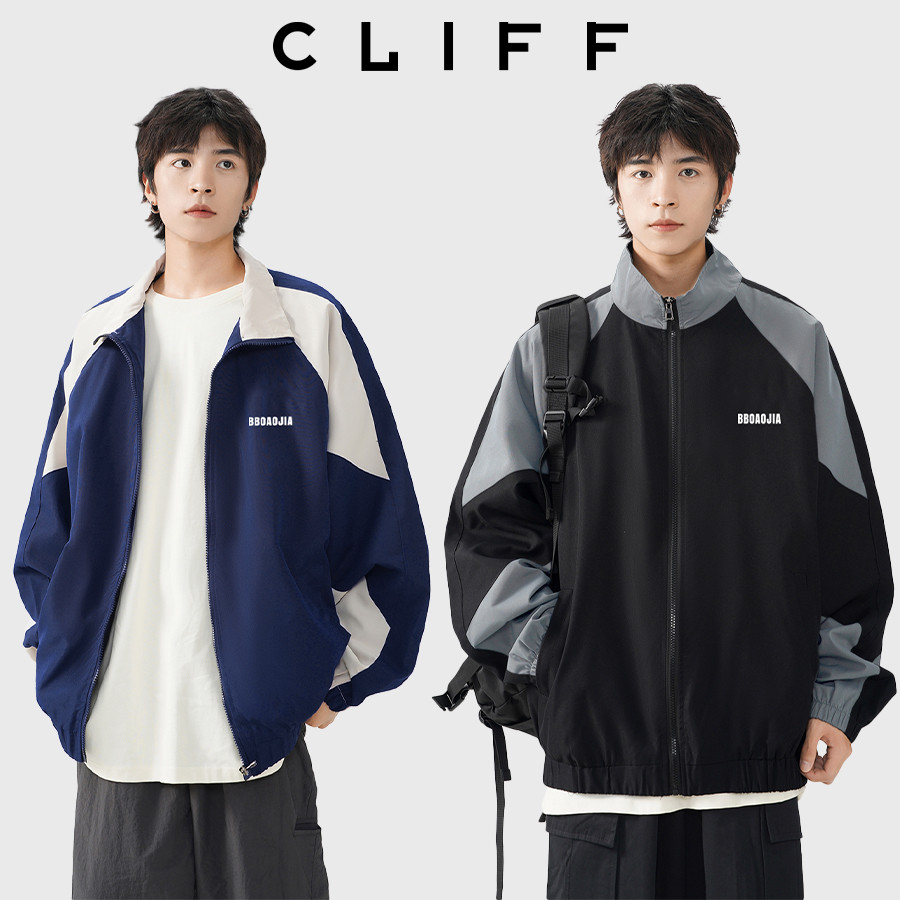 CLIFF เสื้อแจ็คเก็ตสไตล์ช่างตัดเย็บสีตัดกันสุดฮิต  เสื้อแจ็คเก็ตคอจีนสีดำเทา  สบาย ๆ ใส่ได้ทุกโอกาส