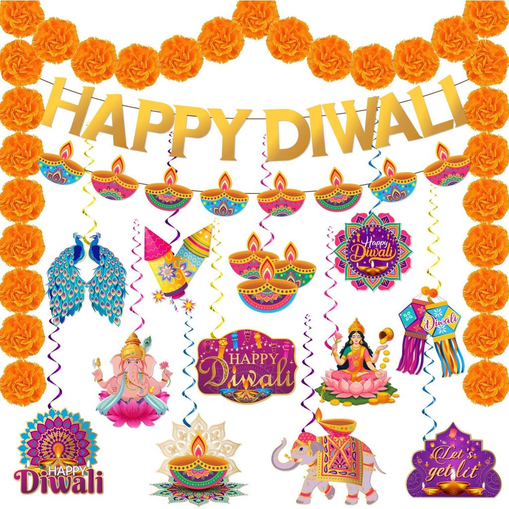 Happy Diwali Banner Hanging Swirls Kit, Indian Diwali Decorations for Home Office Indian Festival of