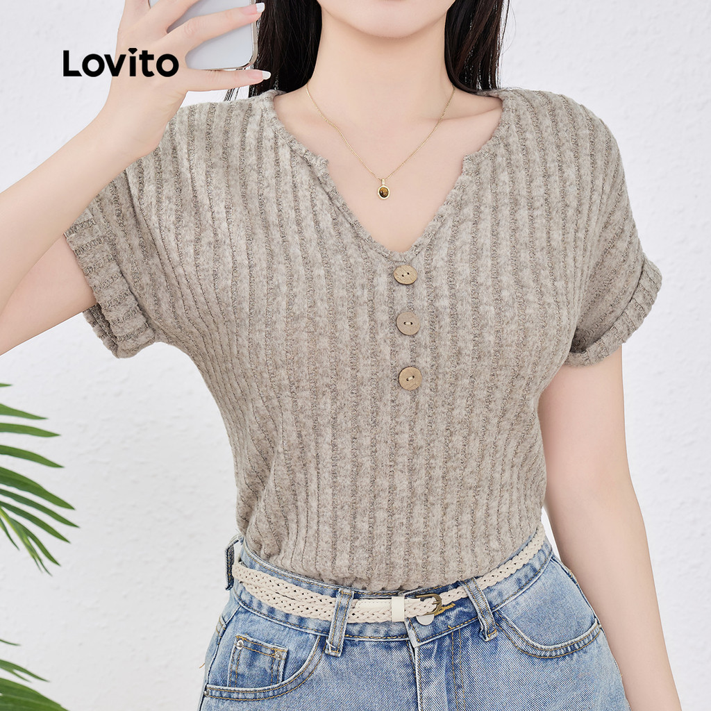 (New) Lovito เสื้อยืดเสื้อกล้ามผ้าริบบิ้นแบบสบายๆ สำหรับผู้หญิงในฤดูใบไม้ผลิ/ฤดูร้อน L143ED424