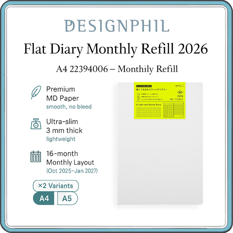 Midori Flat Diary Monthly Refill 2026 – 16-Month Planner Inserts (Oct 2025 Start) | A4 & A5 Sizes | 
