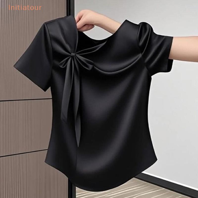 [สถาบัน] เสื้อโบว์สีดําผู้หญิงธรรมดาอย่างเป็นทางการสีดําเครื่องแต่งกายงานศพสีดําไว้ทุกข์เสื้อผ้า
