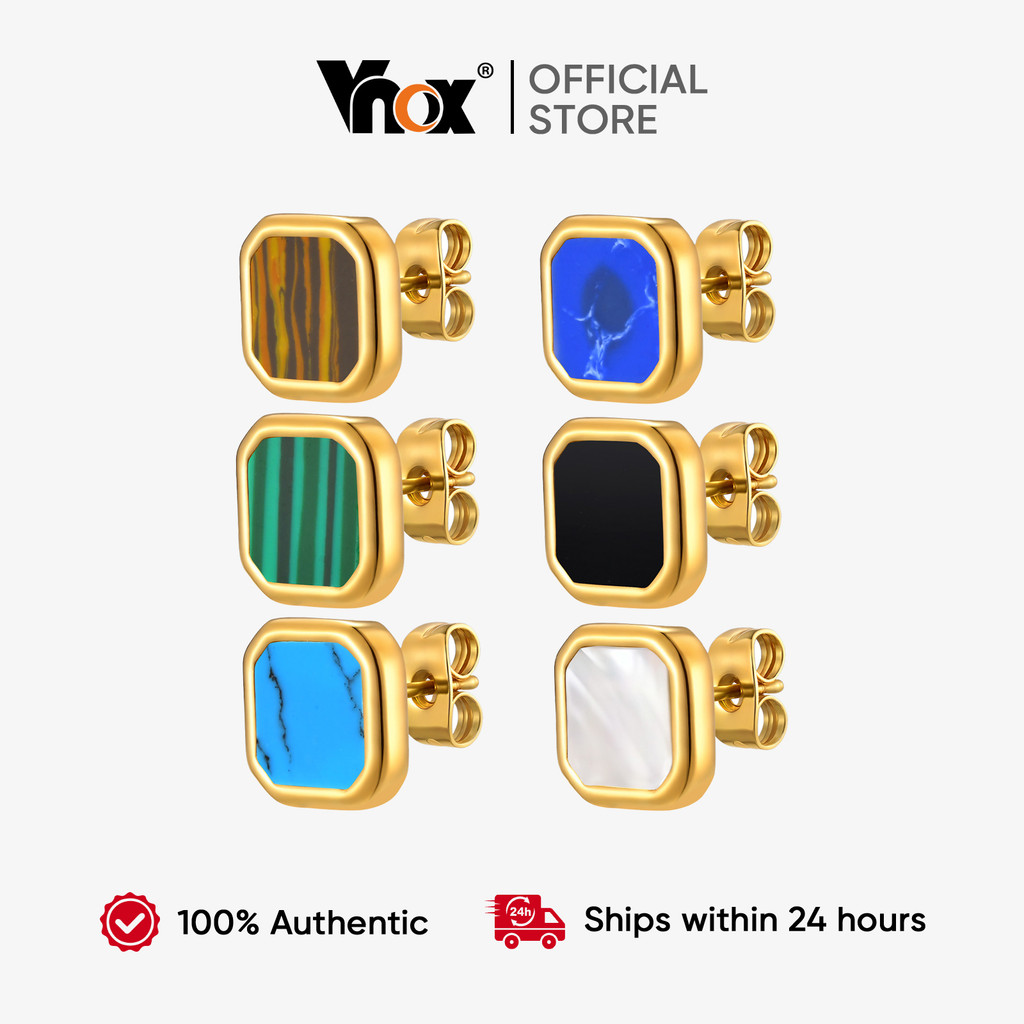 Vnox حلق ستانلس بحجر طبيعي مربّع — ألوان متعددة