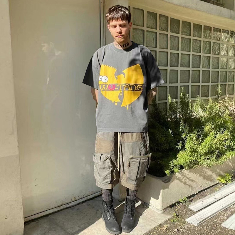 American Street Wear Hip-Hop Raping WUDANG WUDANG Donut Simpson การ์ตูนพิมพ์เสื้อยืดแขนสั้นผู้ชายอิน