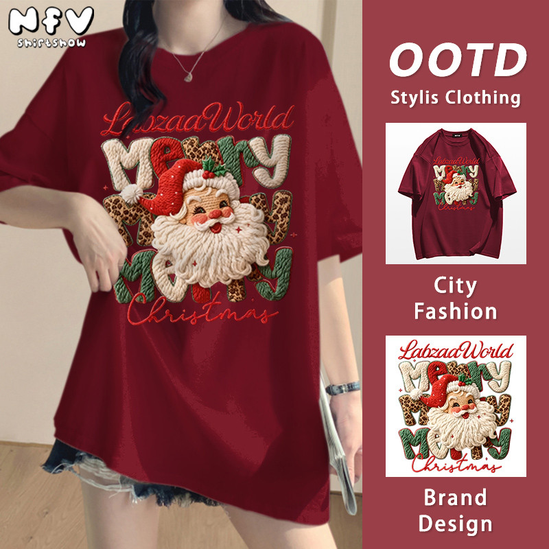 [ของพร้อมส่ง ส่งใน 24 ชั่วโมง]NFV แฟชั่นเกาหลี🎅เสื้อยืดแขนสั้นคอกลม Christmas ลา