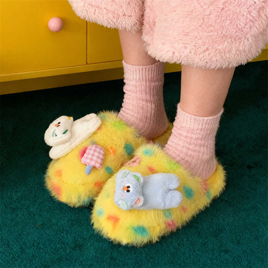 XIXITIAO รองเท้าแตะผ้าฝ้ายสีสัน Dot ลูกแมว Warm Soft Sole สบายสบายๆผู้ชายผู้หญิงฤดูหนาว