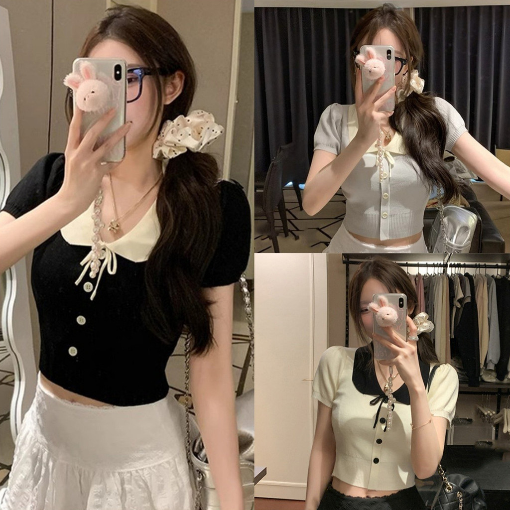 ✨Anne✨เสื้อยืดผู้หญิง ไหมพรม แขนสั้น คอปก ผูกโบว์ กระดุมหน้า ผอมเพรียว เสื้อครอป สไตล์ลำลอง น่ารักๆ