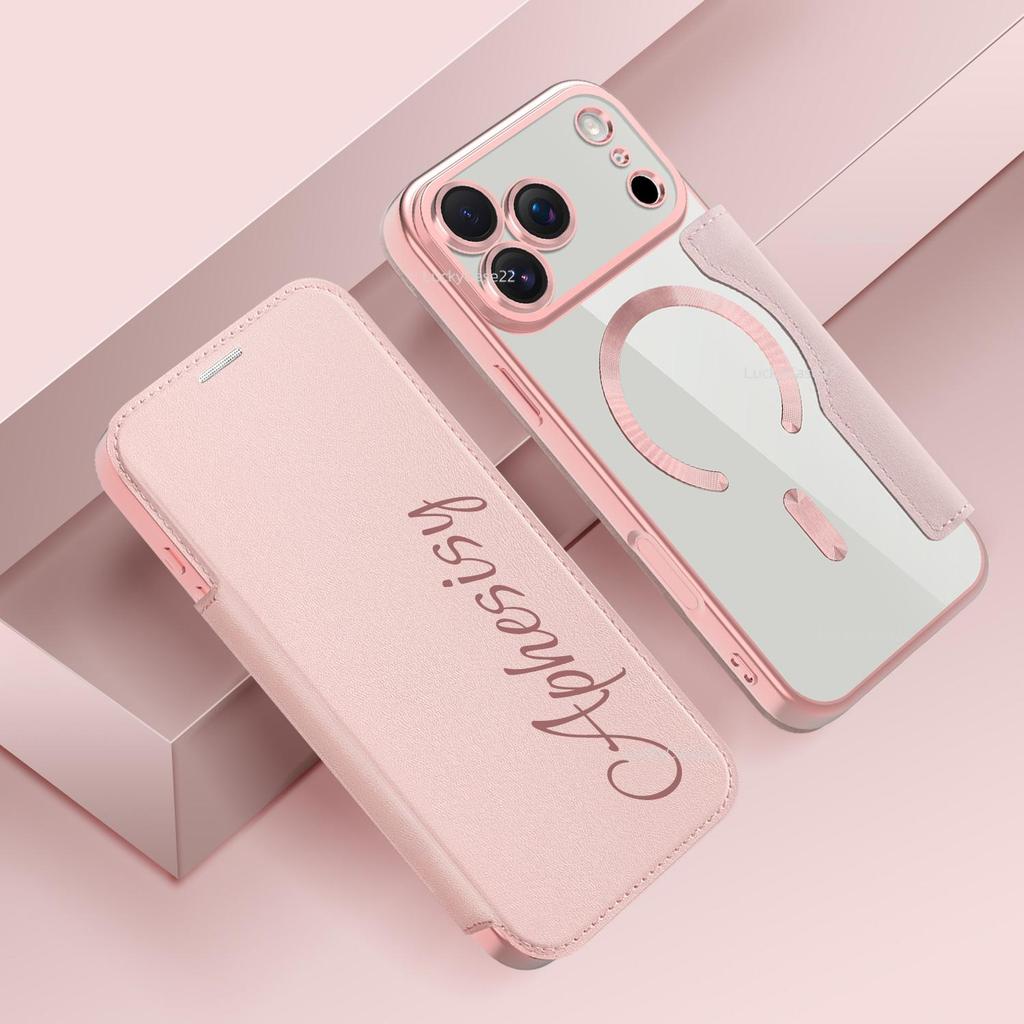 ใหม่ล่าสุดหนังพลิกพื้นผิวตัวอักษรปรับแต่งชื่อออกแบบหนังผู้ถือบัตรเคสโทรศัพท์สําหรับIphone 17 16 Pro Max 14 15 Pro Max 13 12 11 Pro Maxสีชมพูป้องกันกันกระแทก