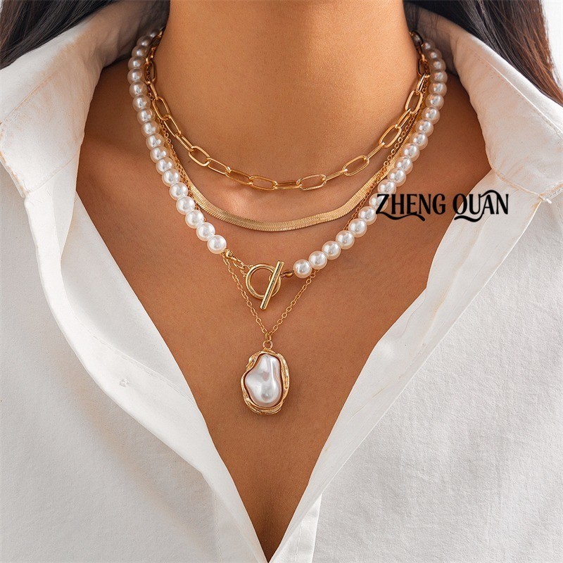 Vintage Retro Pearl OT Clasp สร้อยคองูชุด 4 - Boho Gold-Tone เครื่องประดับสําหรับผู้หญิงของขวัญโอกาส