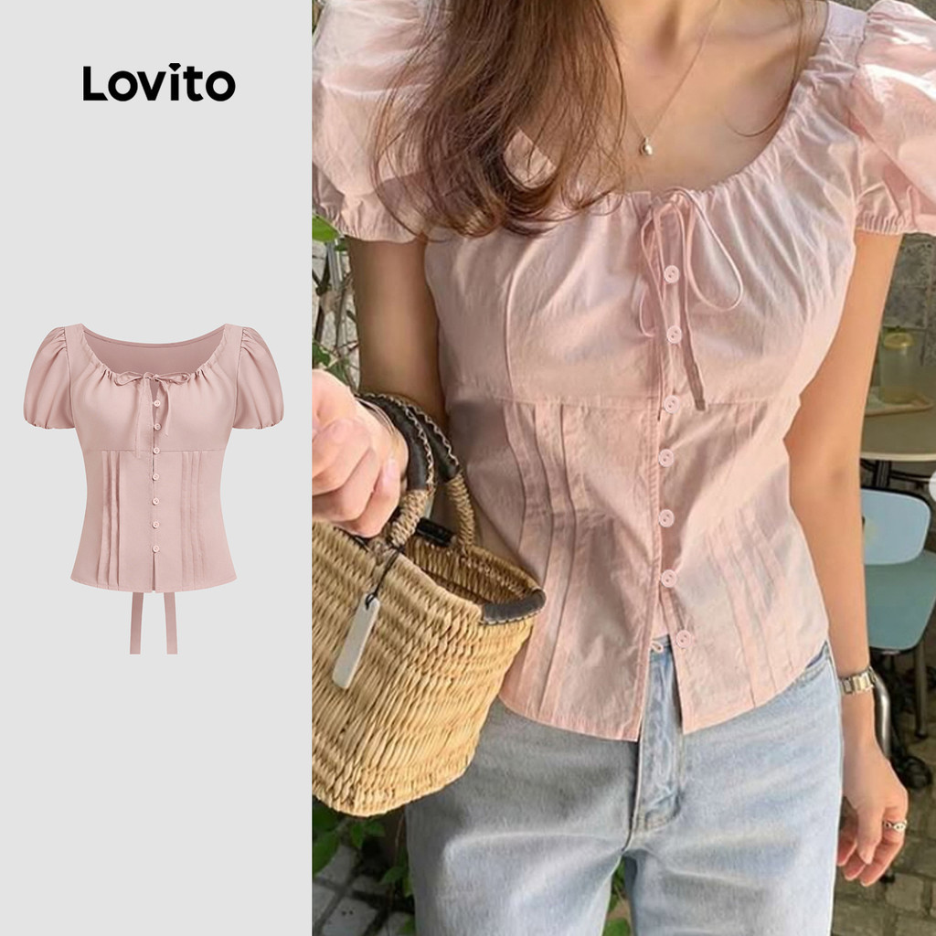 Lovito น่ารักธรรมดาจีบลูกไม้ขึ้นฤดูใบไม้ผลิ/ฤดูร้อนสีชมพูอ่อนเสื้อสําหรับผู้หญิง L136AD216