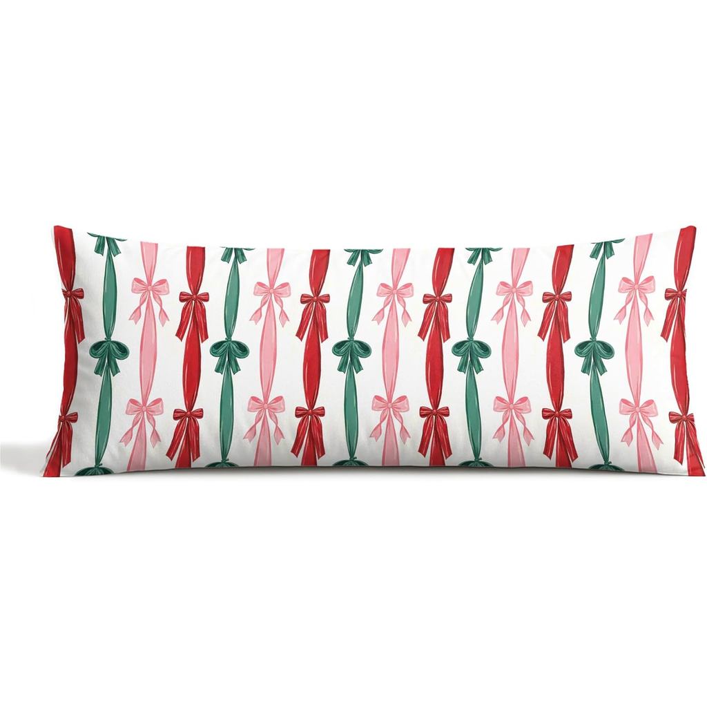 Red and Green Christmas Coquette Bow Body Pillow Cover with Zipper, Girly Christmas Decor, Red Green