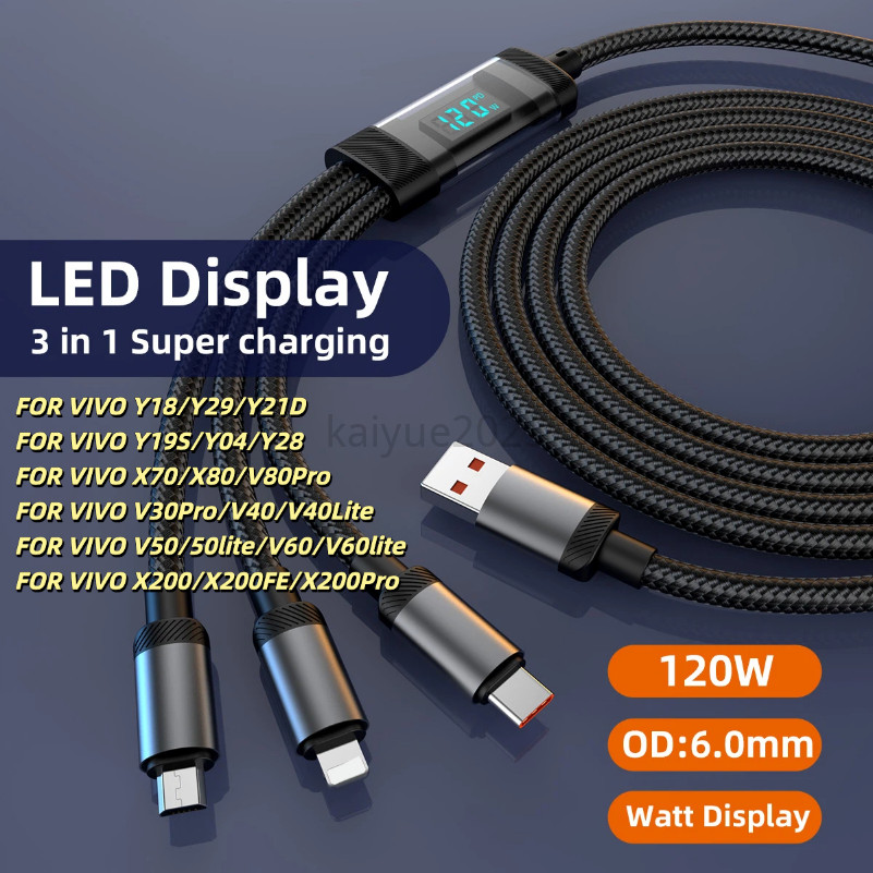 KAIYUE120W Digital Display Data Cable Usb C To Type C Pd 3 In 1 Fast CHARGING Data Cable สําหรับ VIV