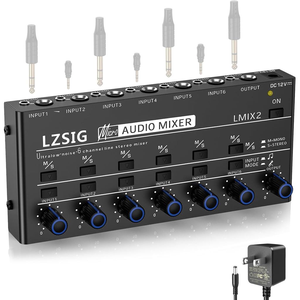 LZSIG Mini Audio Mixer,Stereo Line Mixer สําหรับ Sub-Mixing,Ultra Low-Noise,6-Channel,ไมโครโฟนควบคุม