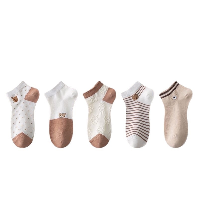 ถุงเท้าข้อสั้นผู้หญิง รหัส 6773 Brown Bear Motif ถุงเท้าข้อสั้น Cute Bear Motif Ankle Socks Korean S