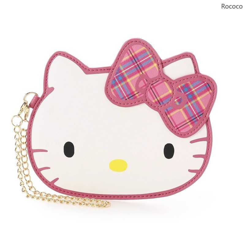 Hello Kitty 50th Anniversary Bowknot Plaid Storage Card Holder การ์ตูนน่ารัก Big Face Shape Chain Ba