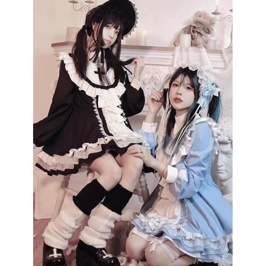 Gothic Nun Style lolita Dress lolita Sweet Cool Fluffy Christmas Princess Dress Black White & Blue W