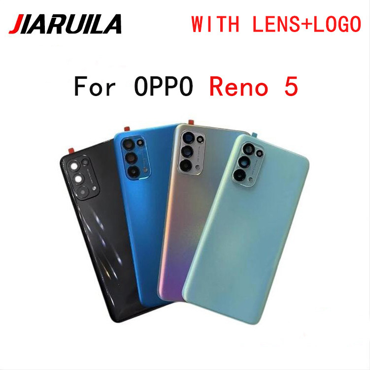 ฝาหลังแบตเตอรี่พร้อมโลโก้สําหรับ OPPO Reno 5 4G 5G แบตเตอรี่กระจกฝาหลังด้านหลังประตูกรณี HousingParts กรอบเลนส์