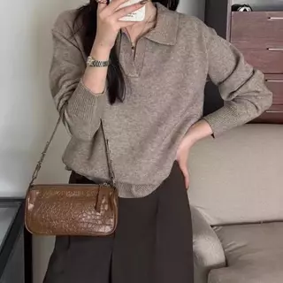 Red Berryเสื้อถักคอโปโลแขนยาวสำหรับผู้หญิง สวมใส่แบบลำลอง อเนกประสงค์ และมีสไตล์88046