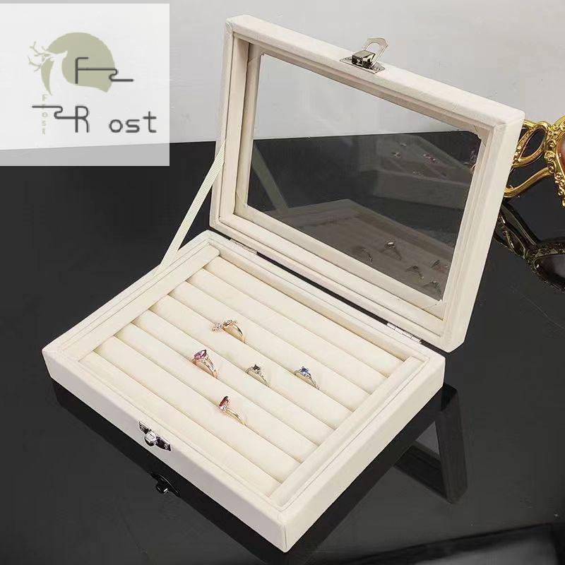 Hth กํามะหยี่แหวนกล่องเครื่องประดับแสดงกรณีจัดเก็บแหวนต่างหูกล่องกันฝุ่นโปร่งใสพลิกฝากล่องเครื่องประ