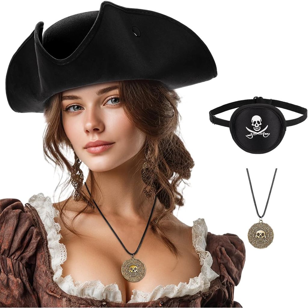 Ibeauti Pirate Hat for Women Men Colonial Tricorn Hat Halloween Pirate Costume Accessories