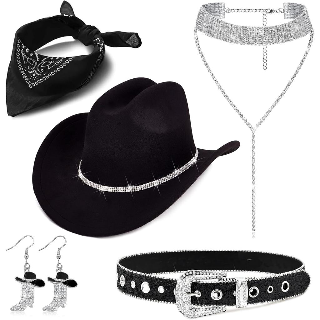 Cowboy Costume Outfit for Women Glitter Choker Necklace Cowboy Hat Buckle Belt Accessories Set for H