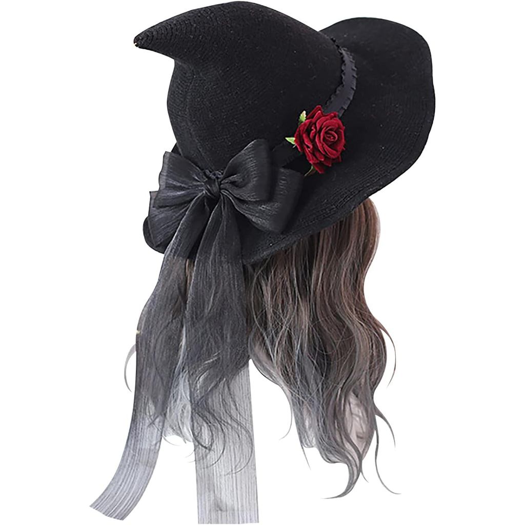 Black Witch Hat Halloween Party Costume Women Girls Big Bow Rose Headband Wicked Wizard Hat Large Br