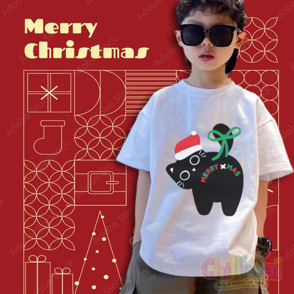 เสื้อยืดแขนสั้นพิมพ์ลายแมวคริสต์มาสสุดน่ารัก คอกลม เหมาะสำหรับเด็กชาย เด็กหญิง และเด็ก 100%THAISHOPไ