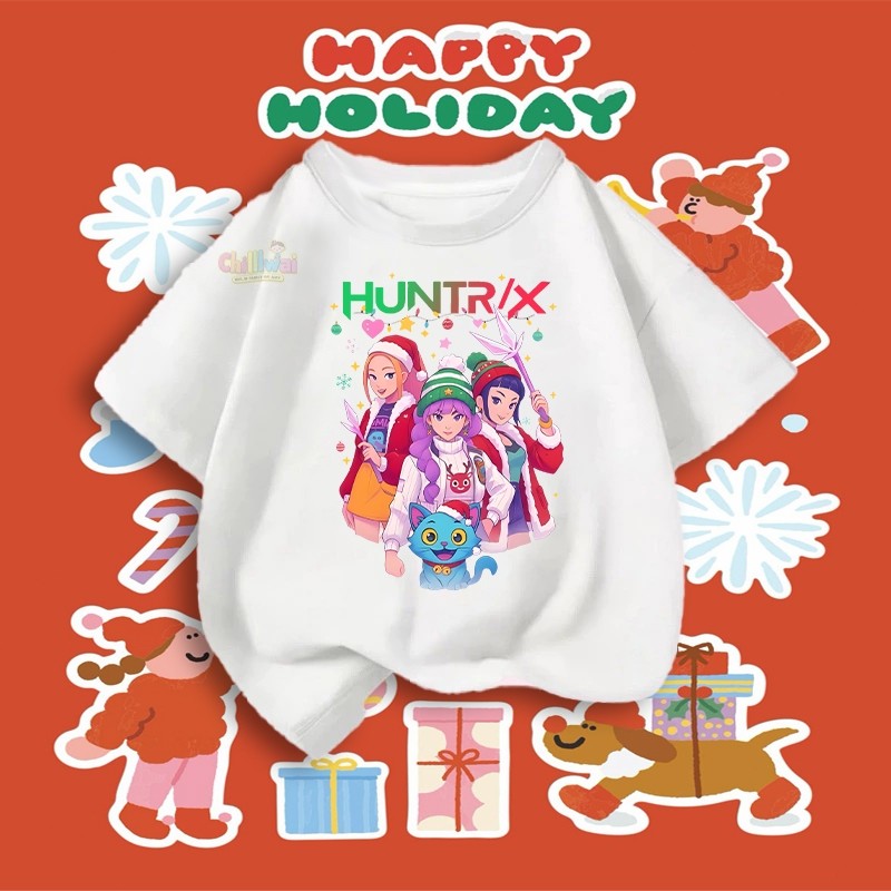 เสื้อยืดเด็กพิมพ์ลายคริสต์มาสซีรีส์ KPOP คอกลม เหมาะสำหรับทั้งเด็กชายและเด็กหญิง 100%THAISHOPไซส์ 90