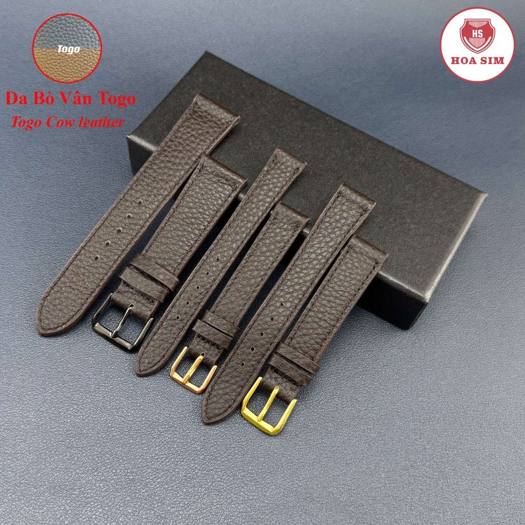 (Earth Brown - Thin fit) สายนาฬิกาหนังวัวแท้ Togo grain หรูหราหลายขนาด 10 12 13 14 15 16...20 22 24mm