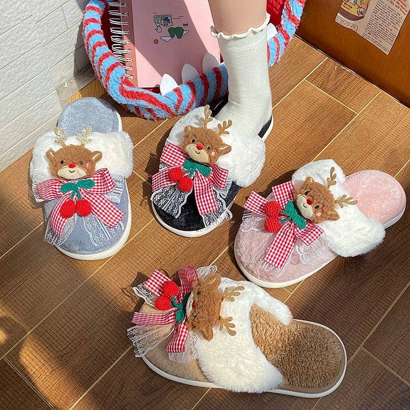 Winter New Fluffy Slippers Women's Outer Wear Indoor Home Comfortable and Non-Slip Warm Christmas El
